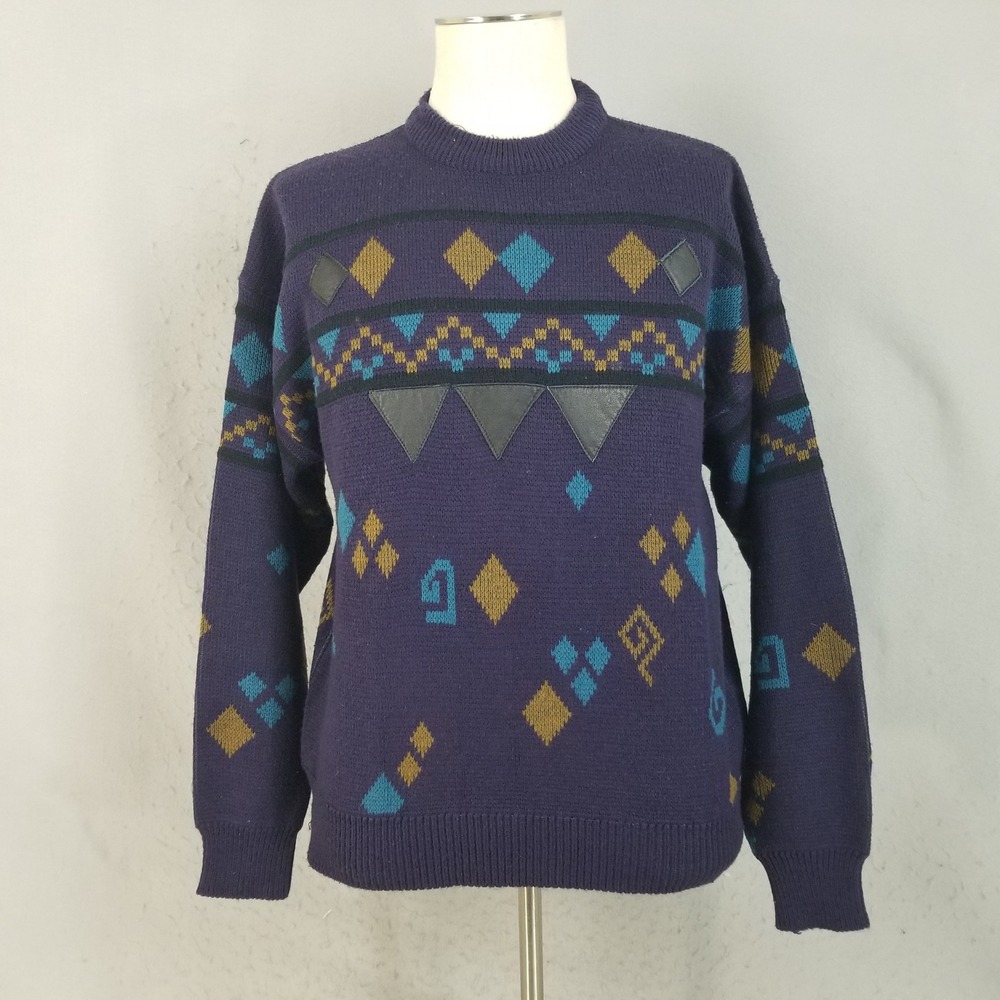Gitano Sweater Mens XL Purple Vintage 80s Geometric Faux Leather Accent Acrylic